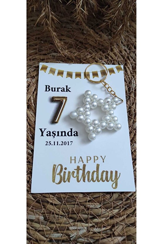Doğum Günü Hediyelik Incili Yıldız Anahtarlık 8 Adet Anı Kartlı