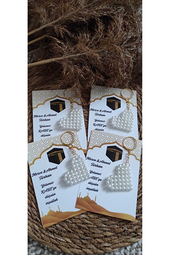 Kabe Hac Umre Hediyelik Incili Kalpli Anahtarlık 4 Adet