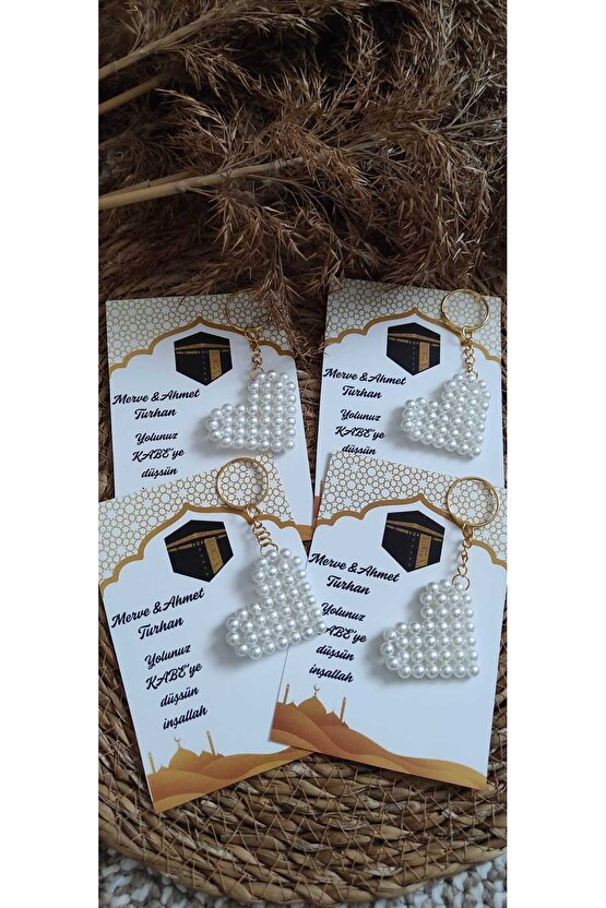 Kabe Hac Umre Hediyelik Incili Kalpli Anahtarlık 4 Adet