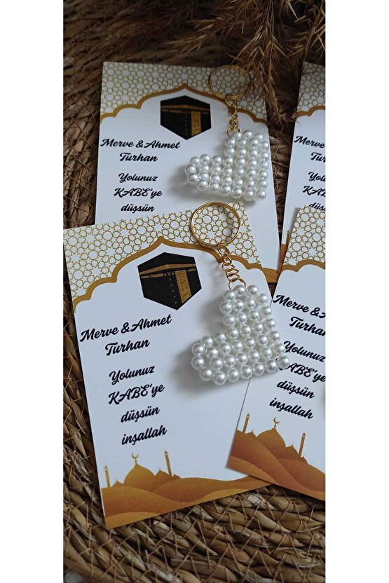 Kabe Hac Umre Hediyelik Incili Kalpli Anahtarlık 4 Adet