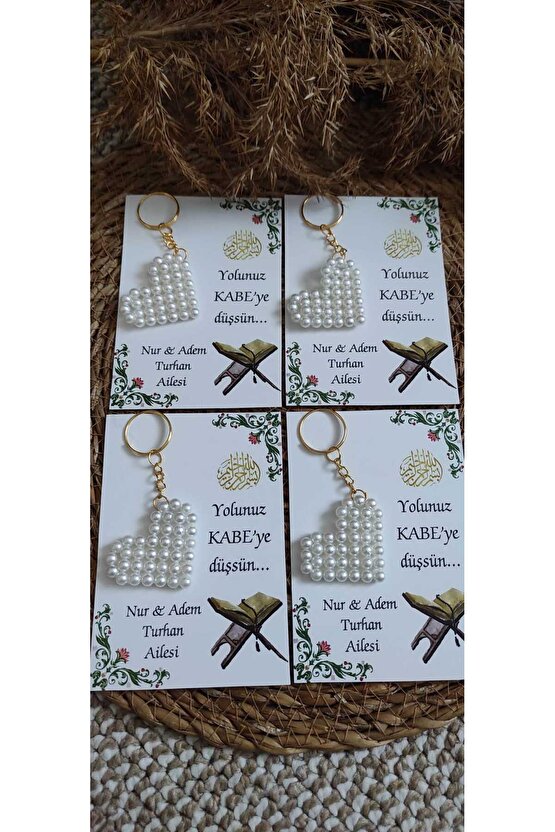 Kabe Hac Umre Hediyelik Incili Kalp Anahtarlık 8 Adet