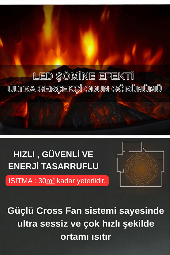 XLarge Elektrikli Şömine & Elektrikli Soba Fanlı Isıtıcı, LED Odun Efekti, Metal Kasa ND-183C