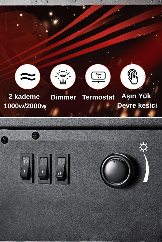 XLarge Elektrikli Şömine & Elektrikli Soba Fanlı Isıtıcı, LED Odun Efekti, Metal Kasa ND-183C