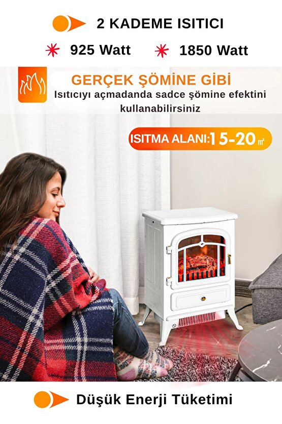 Elektrikli Şömine Beyaz 1850 W Metal Kasa, Fanlı şömine, Şömine Soba