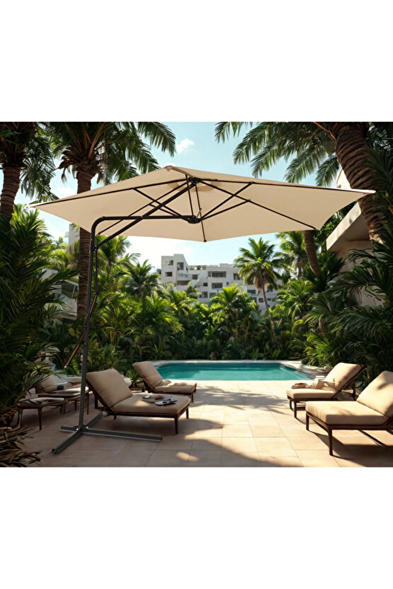 3 Mt Şemsiye + 4 Lü Ağırlık Seti Havuz Şemsiyesi Bidonlu, Bahçe Şemsiyesi, Teras Şemsiyesi Set