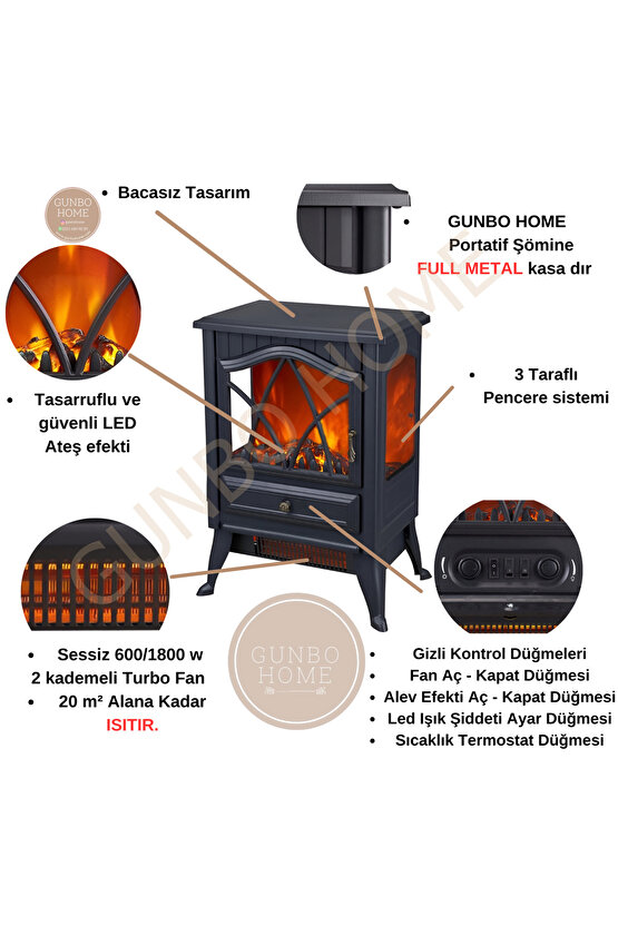 3 Tarafı Camlı Panaromik Soba Elektrikli Şömine 1800 W Elektrikli Soba Bacasız Şömine