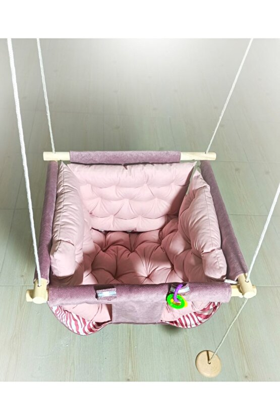 Bebek Çocuk Ev Ve Bahçe Salıncağı Hamak Iki Adet Askı Aparatı Puffy Yastık Ve Minder Gülkurusu-pudra