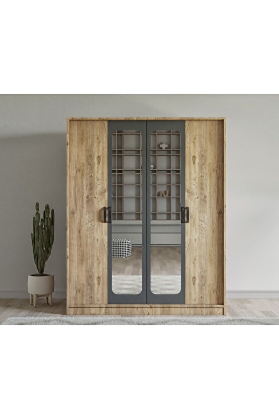 Simeno 4 Kapılı Çift Aynalı Gardrop Çam-Antrasit