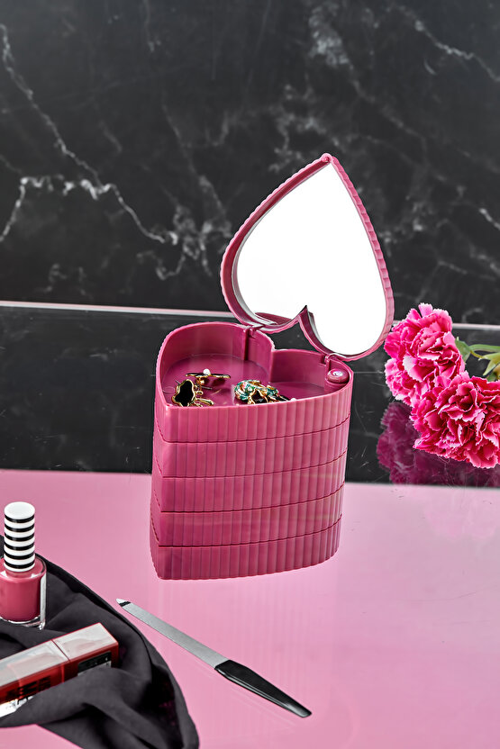 5 Katlı Aynalı Kalp 360 Derece Dönebilen Takı Organizer Kutusu