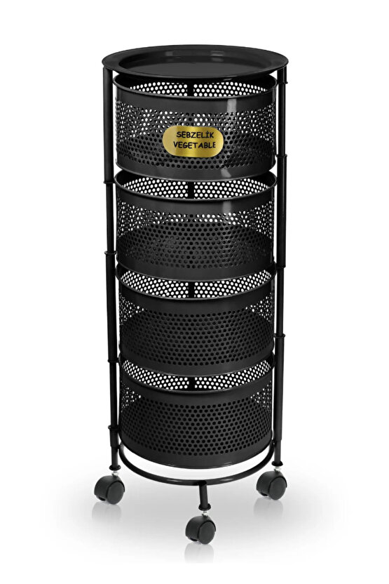 Kule Sebzelik 4 Katlı Tepsili Açılır Metal Patates Soğan Meyvelik Sepetli Rafı Siyah