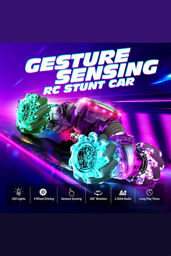 Oyuncak 2.4 GHz Bilekten ve Uzaktan Kumandalı Işıklı 4X4 Çift Kumandalı Akrobat Araba Şeffaf Model