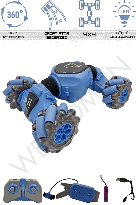 Oyuncak 2.4 GHz Bilekten ve Uzaktan Kumandalı Işıklı 4X4 Çift Kumandalı Akrobat Araba