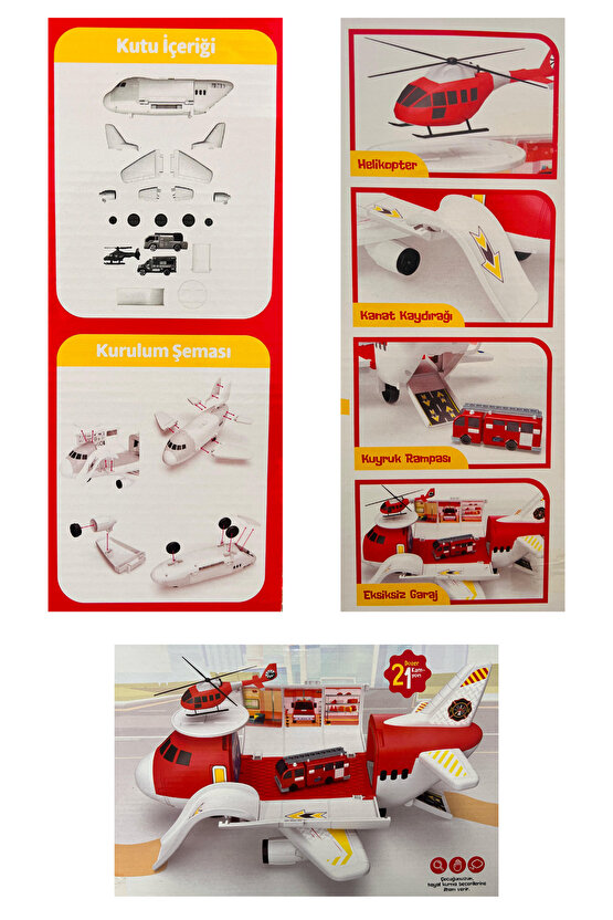 Oyuncak İtfaiye Uçak 3 Adet İtfaiye Araçlı Garajlı Uçak 35cm. Jumbo Boy