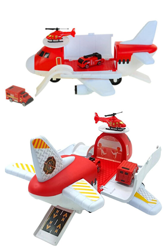 Oyuncak İtfaiye Uçak 3 Adet İtfaiye Araçlı Garajlı Uçak 35cm. Jumbo Boy