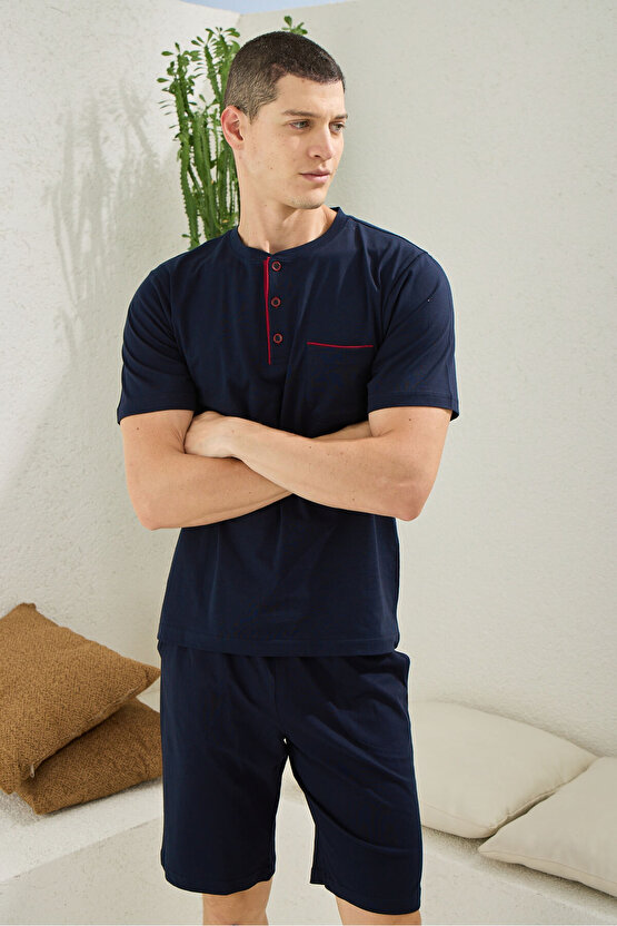 Büyük Beden Erkek Battal Midi Yaka Şortlu Takım Modern Tasarım