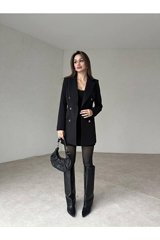 Kadın Çift Düğme Atlas Kumaş Ceket