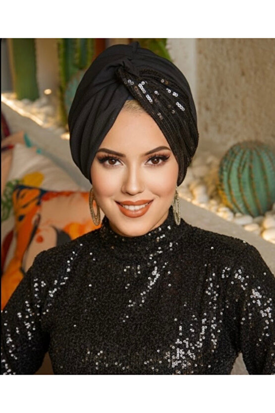 Siyah Payetli Burgu Model Dolgulu Tesettür Abiye Bone