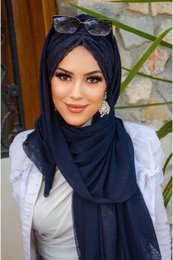 Lacivert Dantelli Büzgülü Hazır Şal