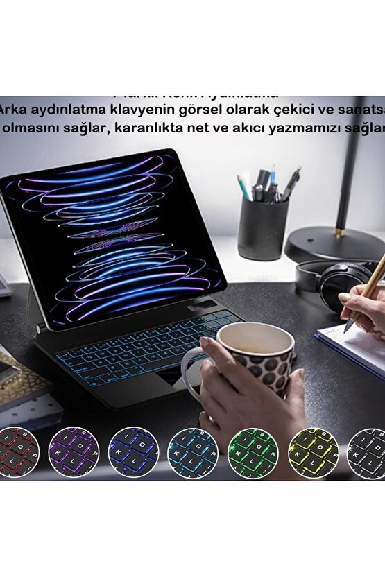 İpad Pro 11 Uyumlu Manyetik Magic Keyboard Katlanır Işıklı Klavyeli Tablet Kılıf+ Dokunmatik Kalem