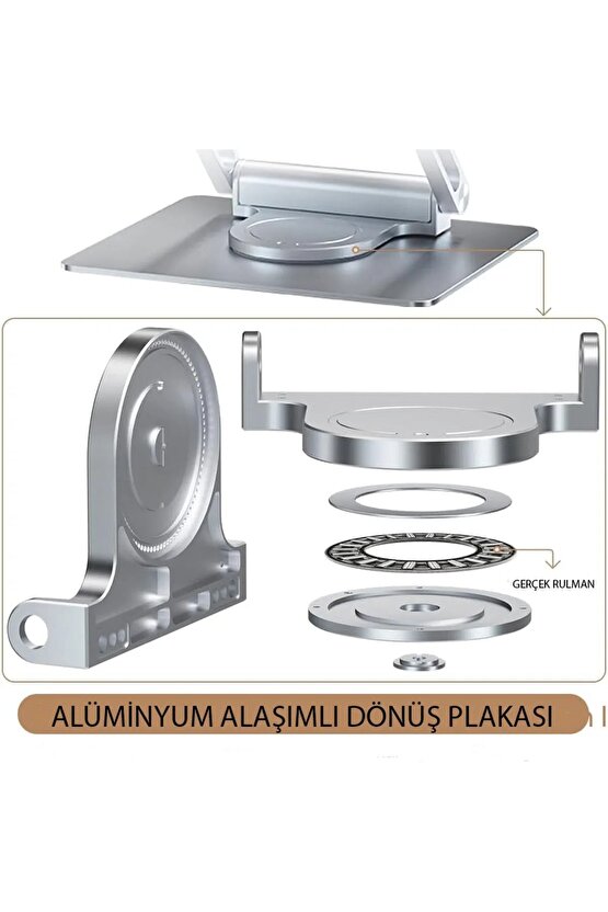 Alüminyum Metal Laptop Standı 360° Döner USB Type-C PD Şarj 2-USB 3.0 Portlu Ergonomik & Şık Tasarım