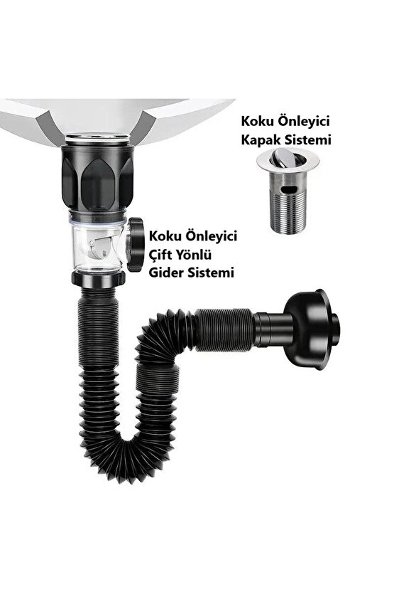 Koku Önleyici Yeni Nesil Körüklü Lavabo Sifonu Altı Hortumu Çift Yönlü Gider Borusu Evye Alt Takımı