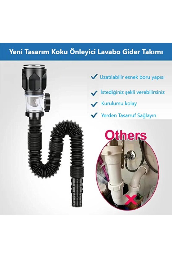 Koku Önleyici Yeni Nesil Körüklü Lavabo Sifonu Altı Hortumu Çift Yönlü Gider Borusu Evye Alt Takımı