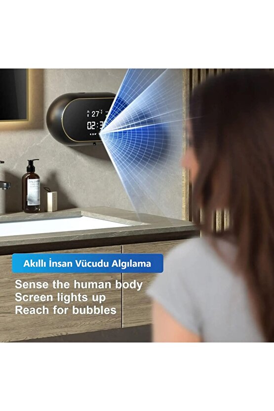 Modern Stil Duvara Monte USB Şarjlı LCD Dijital Ekran Otom. Temassız Sensörlü Köpük Sabunluk 450ml