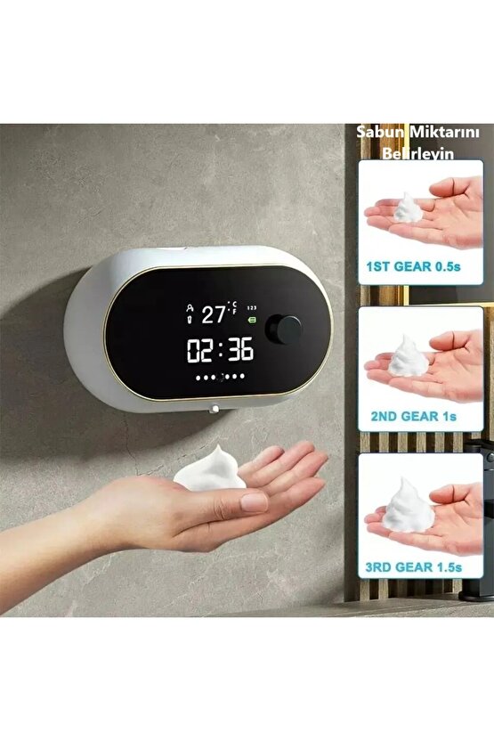 Modern Stil Duvara Monte USB Şarjlı LCD Dijital Ekran Otom. Temassız Sensörlü Köpük Sabunluk 450ml