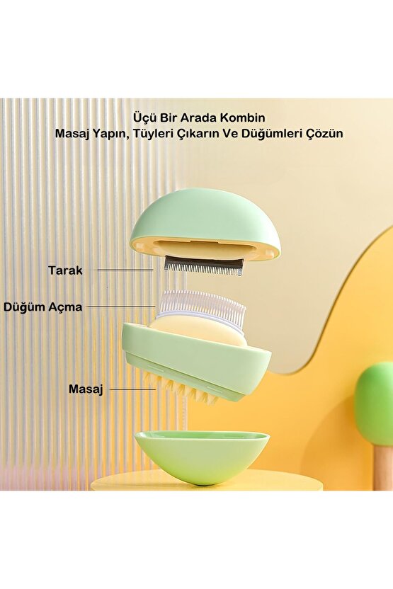 Kedi Bakım Tarağı Temizleme Fırçalı, Masaj Etkili Tüy Dökme Önleyici Tarak 3’ü 1 Arada