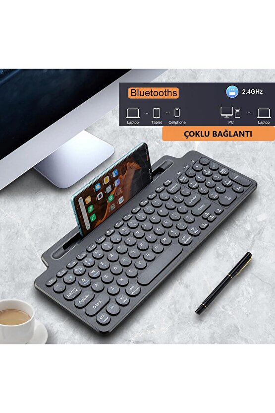 Bluetooth&Wireless Kablosuz Standlı Klavye Tablet Telefon Pc Tv Laptop Mac Uyumlu Numerik Sessiz Tuş