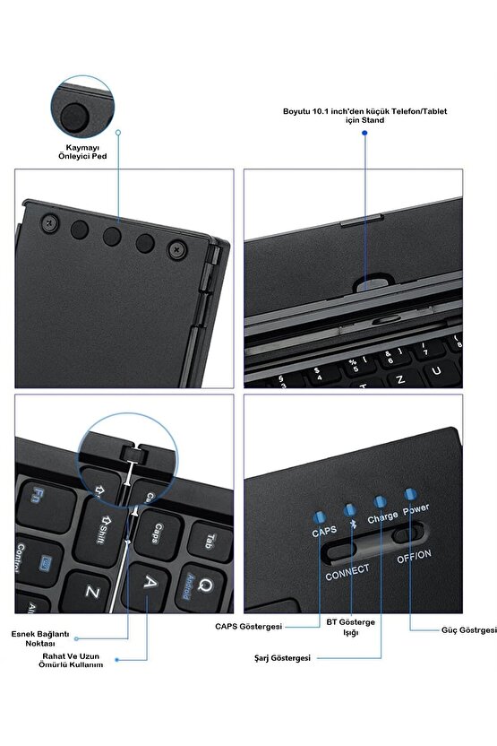 Kablosuz Mini Klavye, Standlı Katlanabilir Şarj Edilebilir Bluetooth Klavye Tablet  Telefon Uyumlu