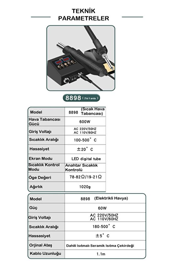 Sıcak Hava Üflemeli Havya İstasyonu Dijital Ekran 2in1 Lehim Makinesi ve Hava Tabancası