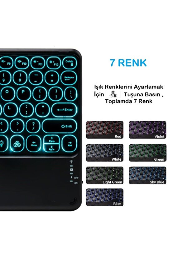 Galaxy Tab A9 SM-X110 8.7 Uyumlu Şarjlı Touchpadli Yuvarlak Tuş RGB Bluetooth Klavye