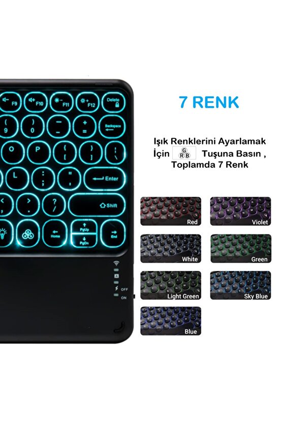 TCL TAB 10 HD 10.1 Tablet İçin Uyumlu Şarjlı Touchpadli Yuvarlak Tuş RGB Bluetooth Klavye