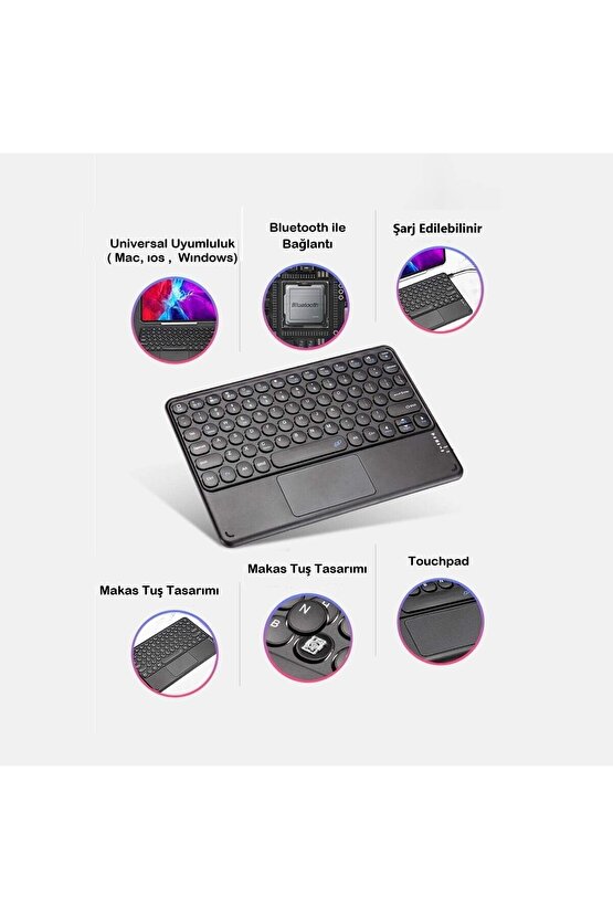 Lenovo Tab M10 FHD Plus LTE TB-X606X Uyumlu Şarjlı Touchpadli Yuvarlak Tuş RGB Bluetooth Klavye