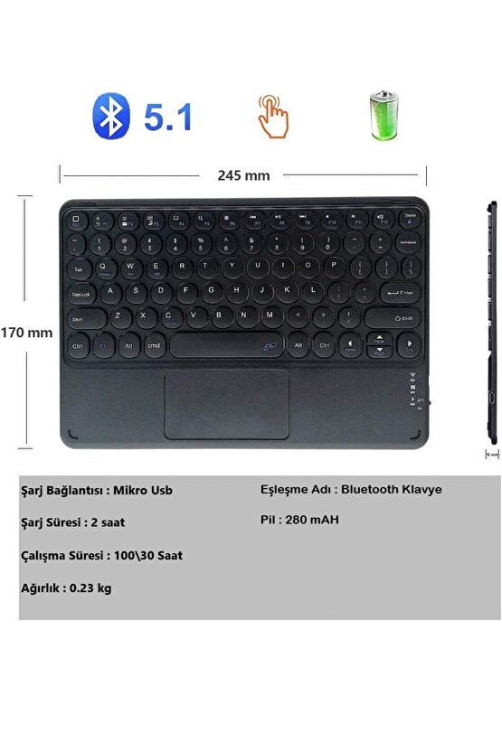 Samsung Galaxy Tab A7 Lite SM-T220 Uyumlu Şarjlı Touchpadli Yuvarlak Tuş RGB Bluetooth Klavye