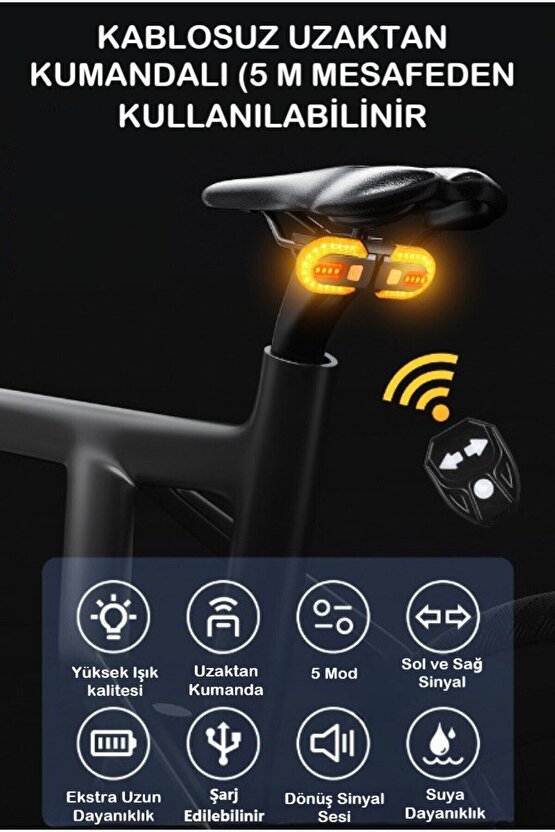 Bisiklet Dönüş Sinyali Şarj Edilebilir Bisiklet Arka Led Uyarı Işığı Uzaktan Kumanda 5 Modlu