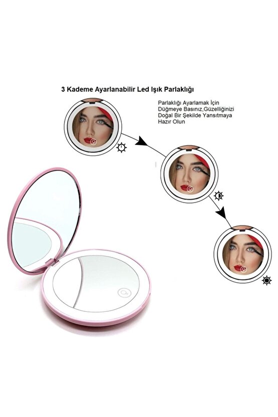 Taşınabilir Şarjlı 10X büyüteçli LED ışıklı Mini Makyaj Aynası Çanta Tipi Yuvarlak Makyaj Aynası