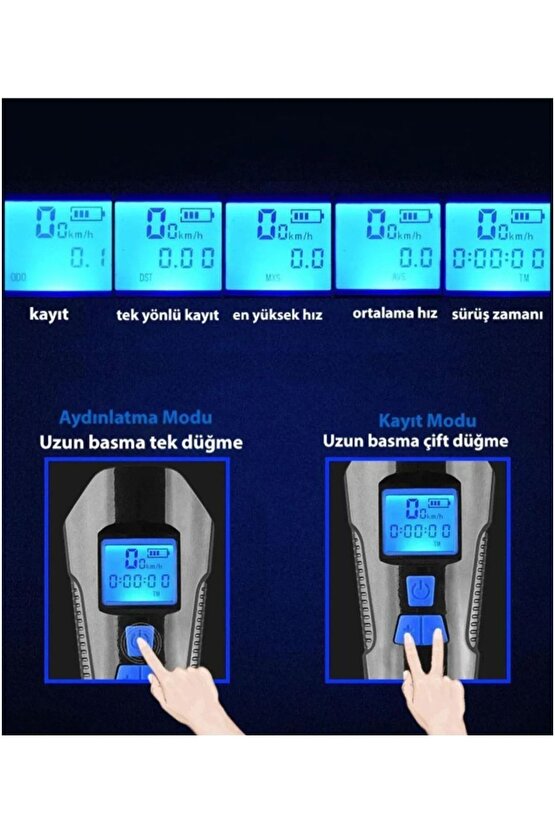 Bisiklet Lcd Hız Gösterge Km Ekranı Su Geçirmez Şarjlı Led Işık 4 Mod Işık Korna 6 Mod Ses 3 In 1