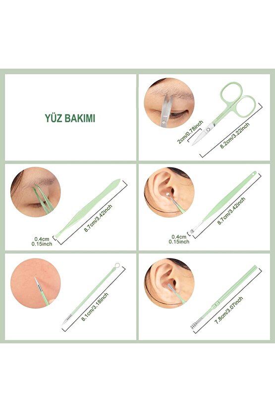 16 Parça Profesyonel Çelik Paslanmaz Deri Çantalı Manikür Pedikür Tırnak Yüz Bakım Seti- Yeşil