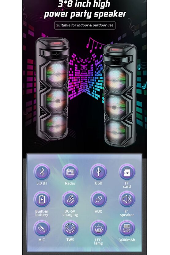 3X8 İNÇ BÜYÜK BOY TEKERLEKLİ BLUETOOTH SPEAKER ŞARJLI KABLOSUZ MİKROFONLU HOPARLÖR