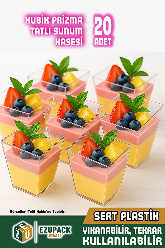 20li 200Cc Kübik Prizma Mika Magnolya Kase Plastik Tatlı Sunum Kabı Dondurma Puding Meze Salata Cup