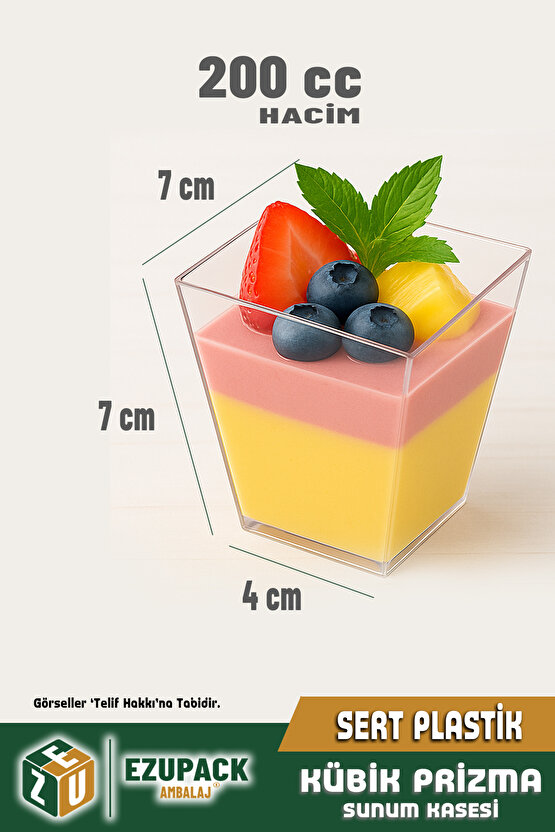 20li 200Cc Kübik Prizma Mika Magnolya Kase Plastik Tatlı Sunum Kabı Dondurma Puding Meze Salata Cup