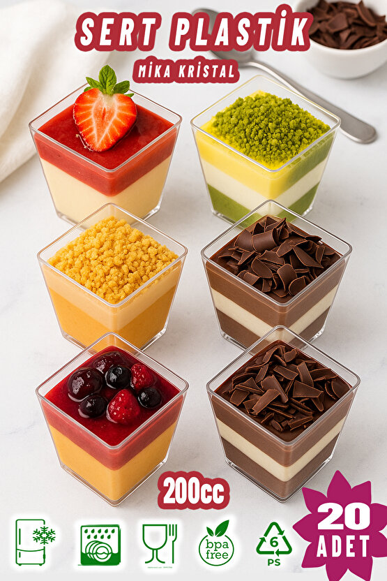 20li 200Cc Kübik Prizma Mika Magnolya Kase Plastik Tatlı Sunum Kabı Dondurma Puding Meze Salata Cup