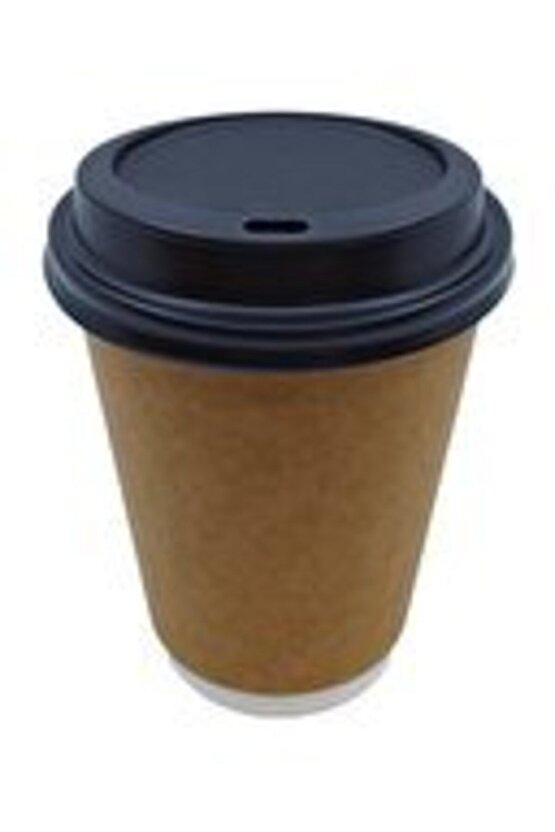 Karton Kağıt Bardak 14oz 350ml Kraft Çift Katlı Siyah Kapaklı 25 Adet