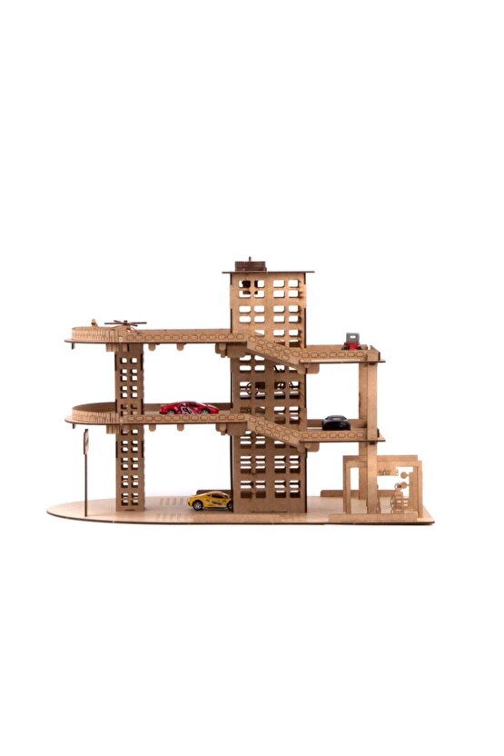 Doğal Ahşap Boyanabilir Asansörlü 3 Katlı Araç Otoparkı 66 Parça Ahşap Yapboz Hobi Oyuncak