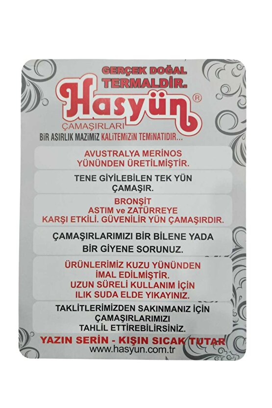 Hasyün Erkek Uzun Kollu Thermal Yün Içlik  Doğal Yün Thermaldir