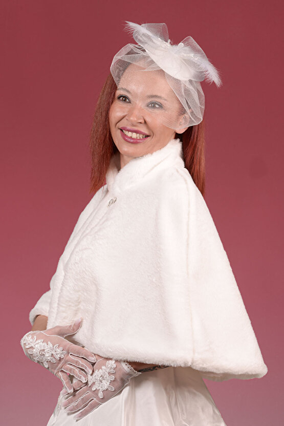 Yakalı Uzun Broşlu Kürk Etol Gelin Bolero Şal Davet Panço Ceket Kırık Beyaz