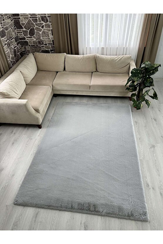 Modern Tavşan Tüyü Yumuşacık Tüy Dökmez Peluş Halı Gri