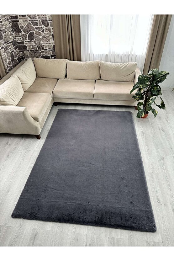 Modern Tavşan Tüyü Yumuşacık Tüy Dökmez Peluş Halı Antrasit